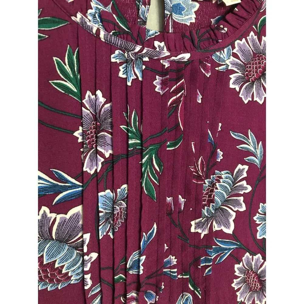 LOFT Pin Tuck Top Puff Sleeve Floral Purple Women's Large